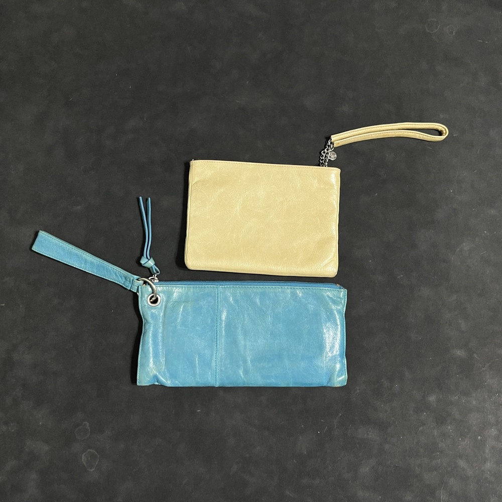 Hobo Leather Clutch Wristlet Bag Womens Turquoise Cream Zip Set Of 2 Pouches Y2K